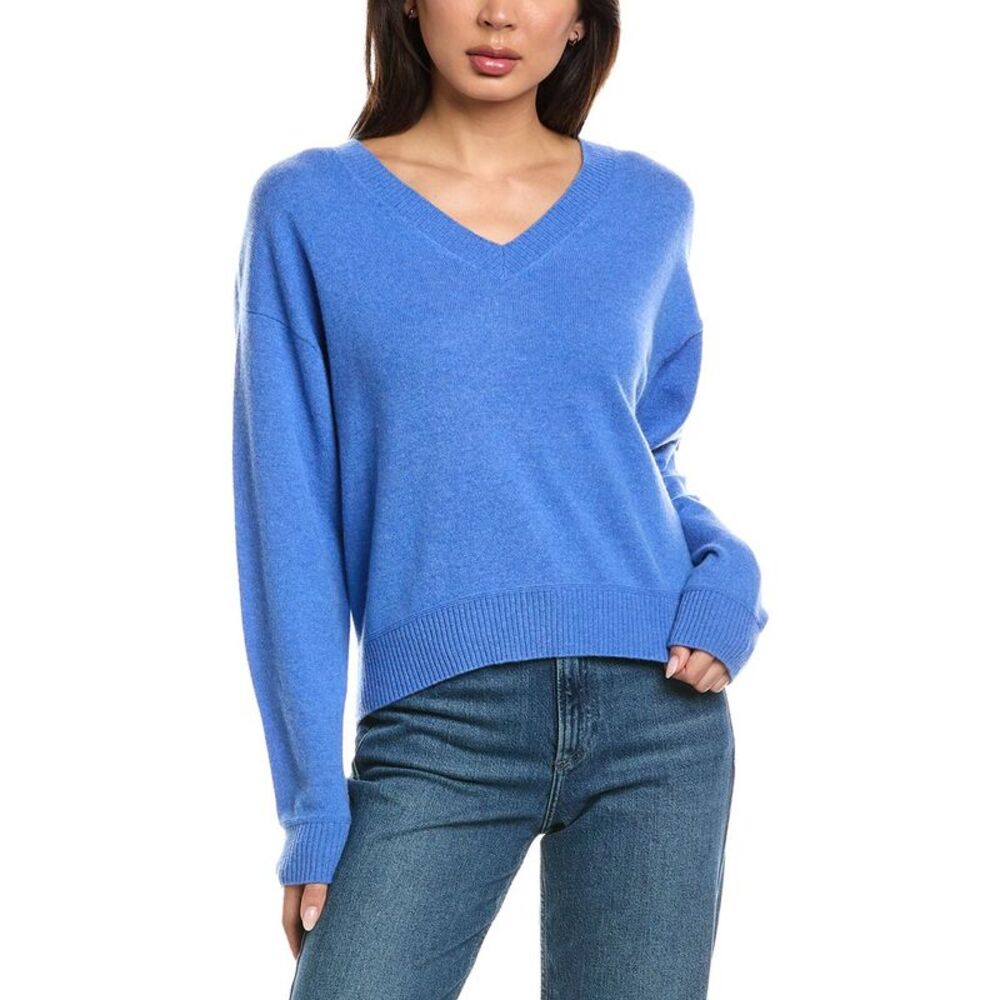 Brodie Cashmere Womens  Jessica V-Neck 100% Cashmere Sweater, Blue